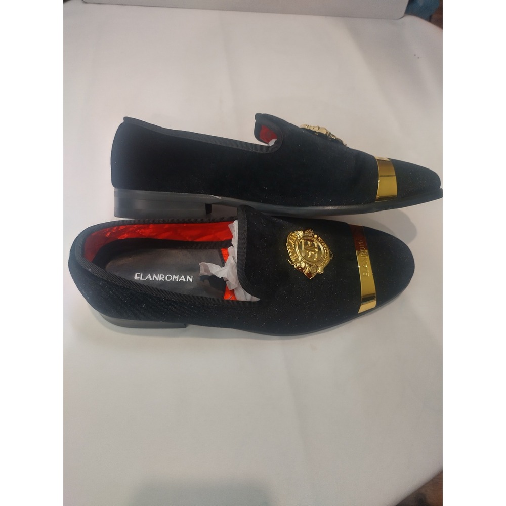 Elanroman Mens Black Velvet Loafers Gold Crest Metal Toe Dress Shoes Size 42
